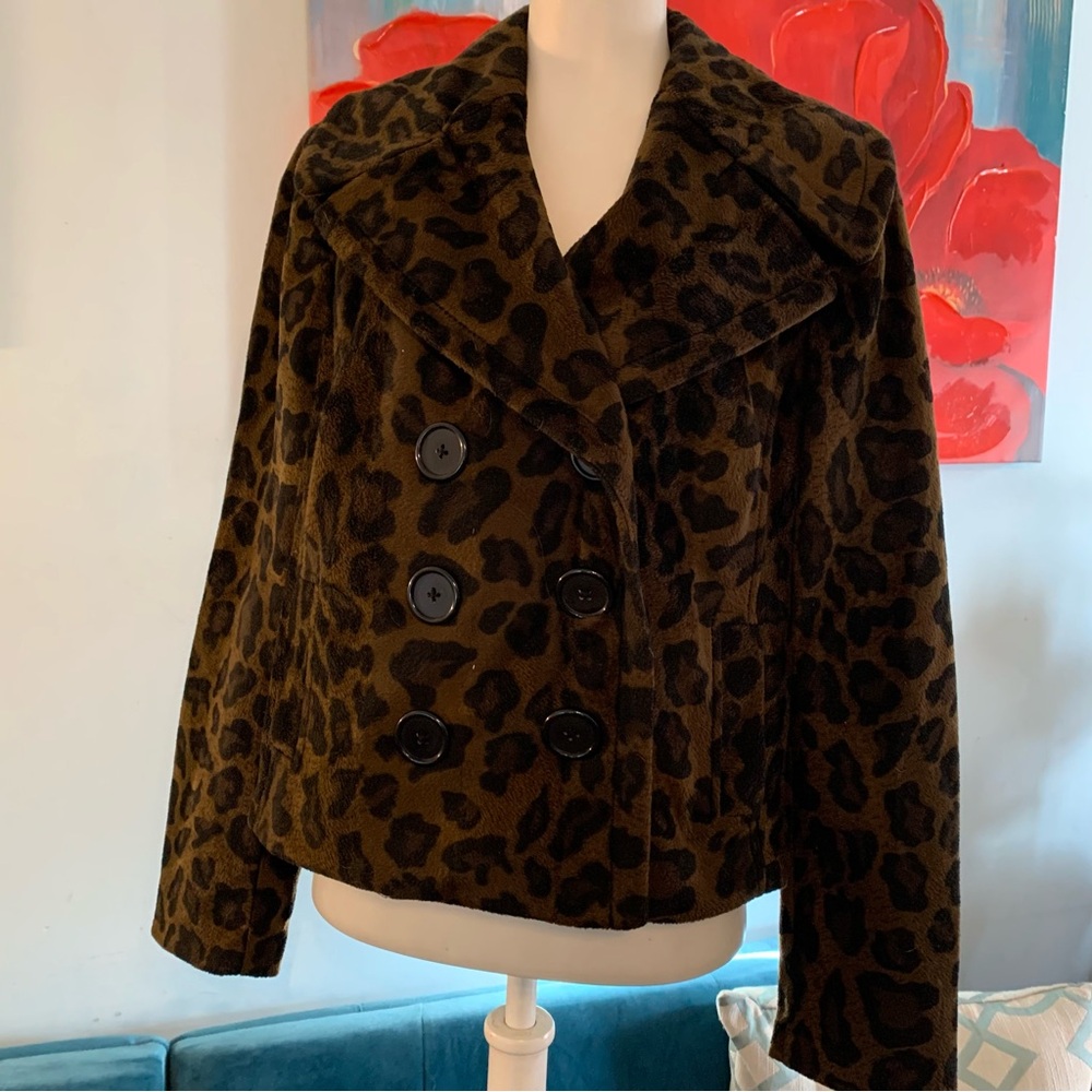 INC International Concepts Faux Leopard Fur Brown Jacket Coat Size M MP Petite